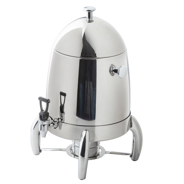 A shiny, 3 gallon, stainless steel coffee urn with a dome-shaped lid, side handle, spigot for dispensing, and three curved legs. The polished metal surface reflects light, and its design resembles a small rocket or capsule.