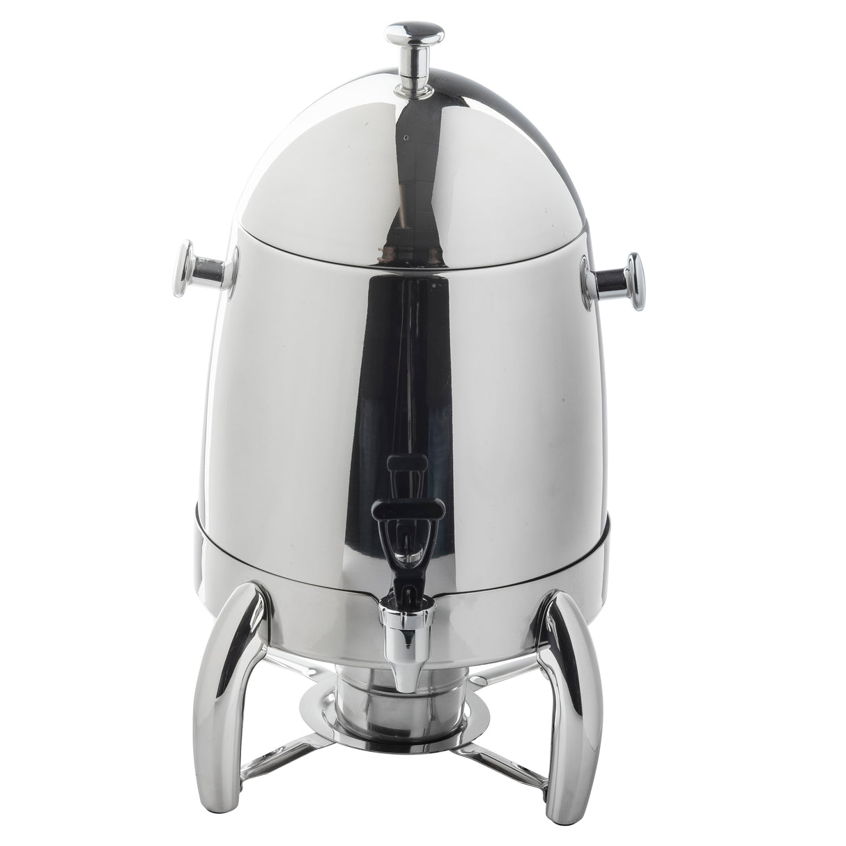 A shiny, 3 gallon stainless steel coffee urn with a domed lid, two side handles, a black spigot at the front, and three sturdy curved legs. The reflective urn features a small stand below for placing a burner.