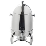 A shiny, 3 gallon stainless steel coffee urn with a domed lid, two side handles, a black spigot at the front, and three sturdy curved legs. The reflective urn features a small stand below for placing a burner.