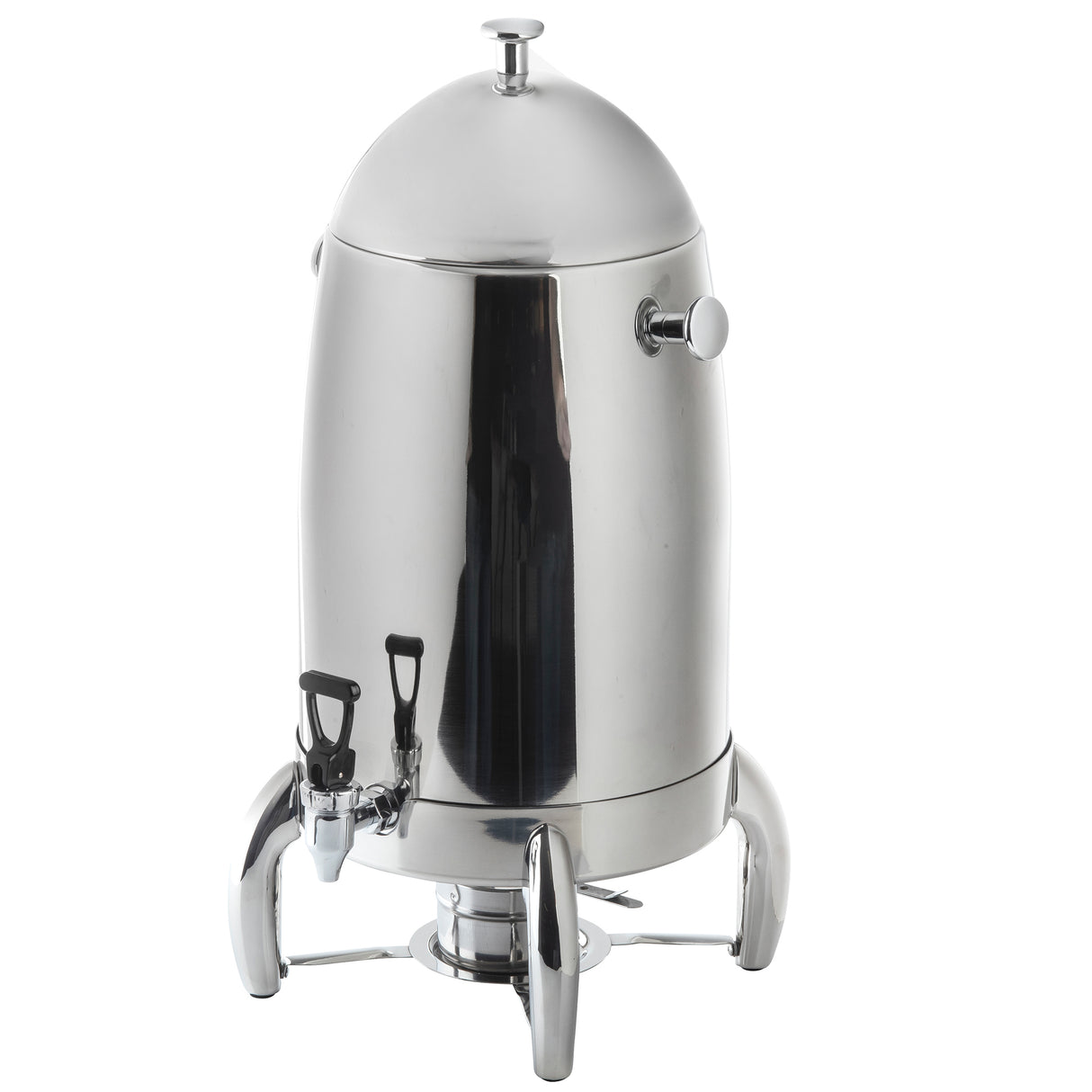 A shiny, stainless steel Coffee Urn with a dome-shaped lid, side handles, and a spigot at the front. This 5 gallon beverage dispenser stands on three curved legs and features a modern, cylindrical design with a polished surface.
