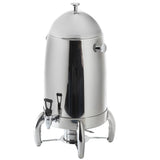 A shiny, stainless steel Coffee Urn with a dome-shaped lid, side handles, and a spigot at the front. This 5 gallon beverage dispenser stands on three curved legs and features a modern, cylindrical design with a polished surface.