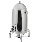 A shiny, stainless steel Coffee Urn with a dome-shaped lid, side handles, and a spigot at the front. This 5 gallon beverage dispenser stands on three curved legs and features a modern, cylindrical design with a polished surface.