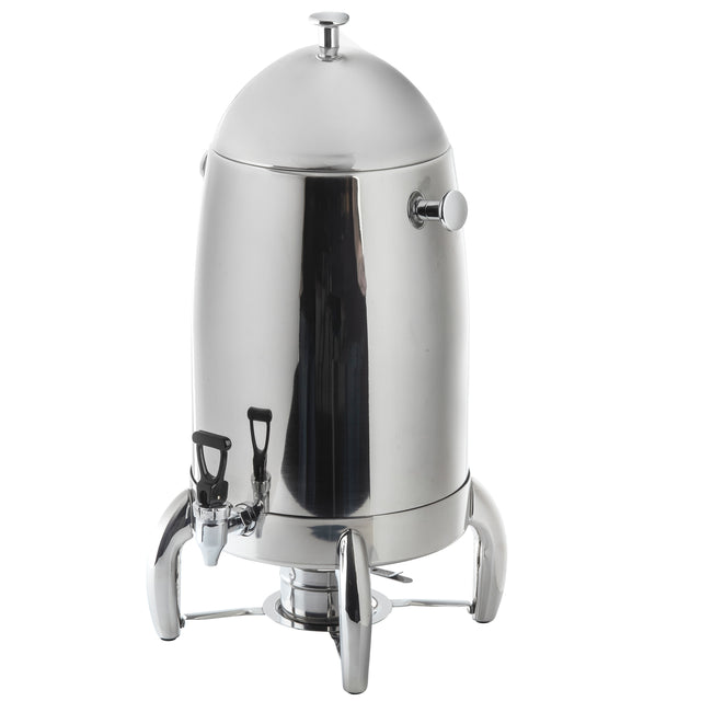A shiny, stainless steel Coffee Urn with a dome-shaped lid, side handles, and a spigot at the front. This 5 gallon beverage dispenser stands on three curved legs and features a modern, cylindrical design with a polished surface.