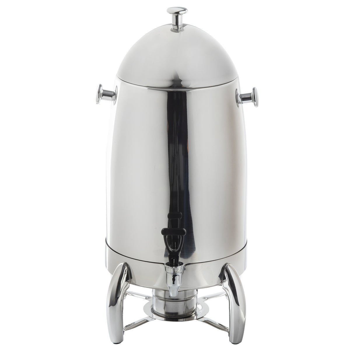 A shiny 5 gallon stainless steel coffee urn with a domed lid, side handles, and a black spigot at the front. The dispenser stands on three curved legs and has a modern, reflective finish.