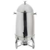 A shiny 5 gallon stainless steel coffee urn with a domed lid, side handles, and a black spigot at the front. The dispenser stands on three curved legs and has a modern, reflective finish.