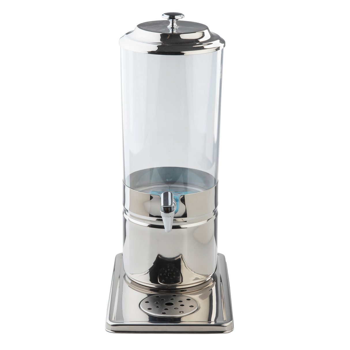 A 2 gallon stainless steel and clear polycarbonate beverage dispenser with a cylindrical body, spigot near the base, and removable lid sits on a matching rectangular drip tray. The dispenser is partially filled with a light blue liquid.