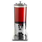 A tall, cylindrical 2 gallon beverage dispenser with a clear polycarbonate body filled with red liquid, a silver lid, a spigot for pouring near the base, and a removable drip tray below, all set against a white background.