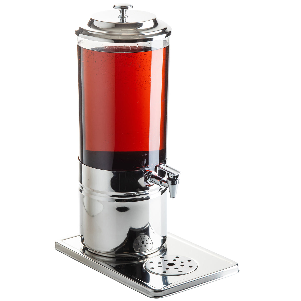 A tall, cylindrical 2-gallon beverage dispenser made of clear glass and shiny chrome metal is filled with a red liquid. It features a spigot near the base for pouring and sits on a rectangular metal tray with a drain grate for spills.