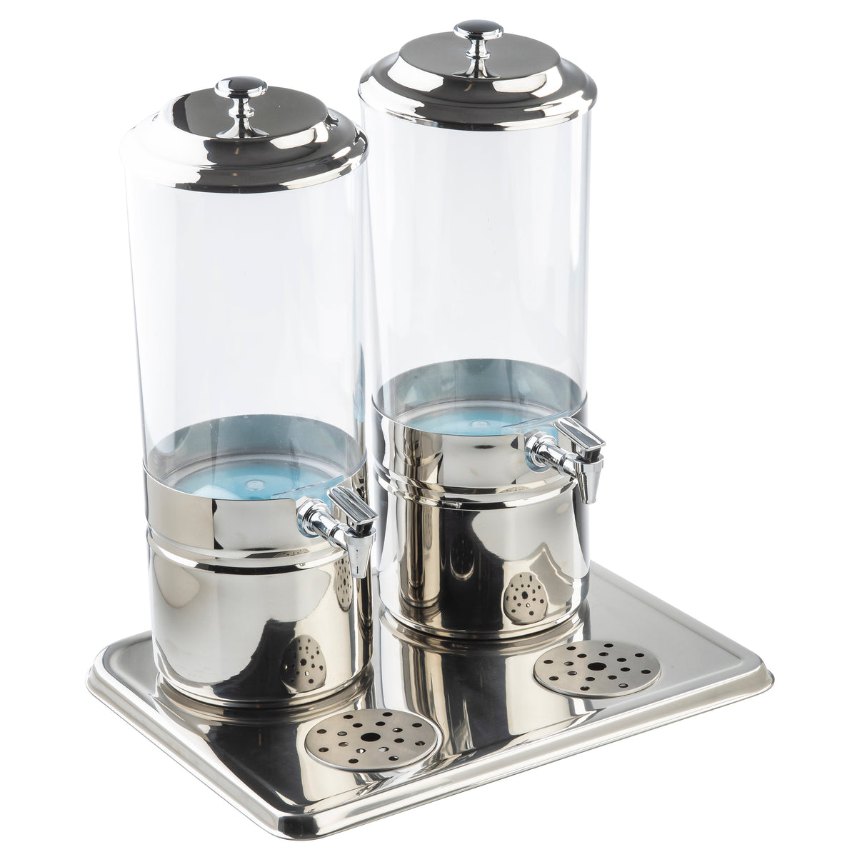 A 4-gallon polycarbonate beverage dispenser set with two clear cylindrical containers, silver lids, and bases. Each dispenser has a spigot and sits on a shiny rectangular metal tray with circular drip grates below the spouts.