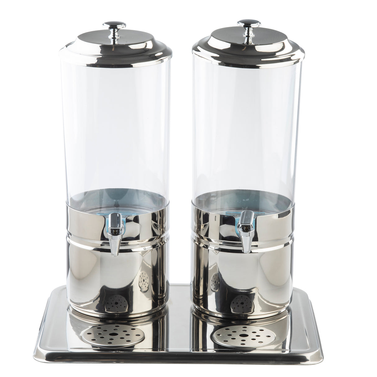 A 4 gallon beverage dispenser set with two clear polycarbonate cylindrical containers and silver lids, spigots, and bases. Both sit on a rectangular metal tray with two round drip grates in front of the spigots. The dispensers are empty.