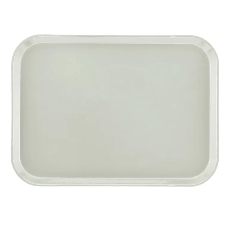 A plain, rectangular white Camtray with slightly rounded corners and raised edges is shown from above on a white background. This high-impact fiberglass tray features a smooth, unadorned surface and is dishwasher safe.