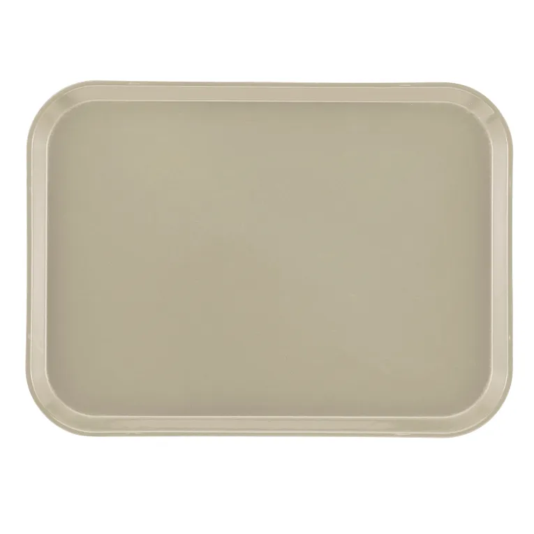 A rectangular beige Camtray with rounded corners and slightly raised edges, viewed from above against a plain white background. This high-impact fiberglass tray features a smooth, flat surface and simple, functional design. Dishwasher safe tray for easy cleaning.