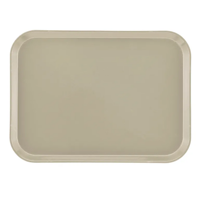 A rectangular beige Camtray with rounded corners and slightly raised edges, viewed from above against a plain white background. This high-impact fiberglass tray features a smooth, flat surface and simple, functional design. Dishwasher safe tray for easy cleaning.