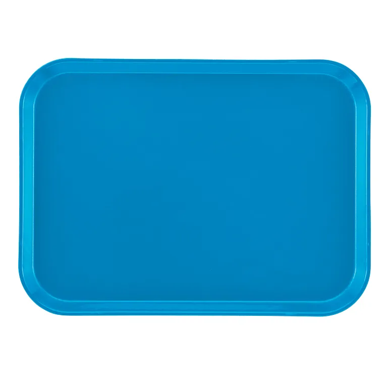 A rectangular, solid blue Camtray with rounded corners and a slightly raised edge, shown from above against a plain white background. This high-impact fiberglass tray has a smooth, unadorned surface and is dishwasher safe.