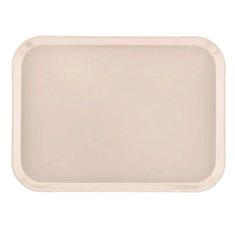 A beige rectangular Camtray with rounded corners and a slightly raised edge, shown from a top-down view against a white background. This high-impact fiberglass tray features a smooth, unadorned surface and is dishwasher safe.
