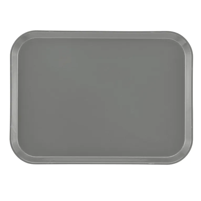 A rectangular, gray Camtray serving tray with rounded corners and raised edges, photographed from above on a white background. This high-impact fiberglass tray features a smooth, matte surface and simple, utilitarian design.