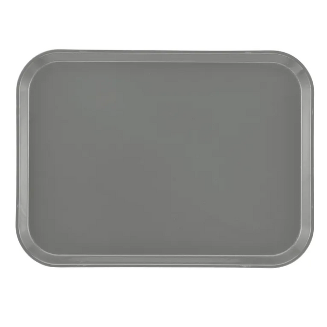 A rectangular, gray Camtray serving tray with rounded corners and raised edges, photographed from above on a white background. This high-impact fiberglass tray features a smooth, matte surface and simple, utilitarian design.