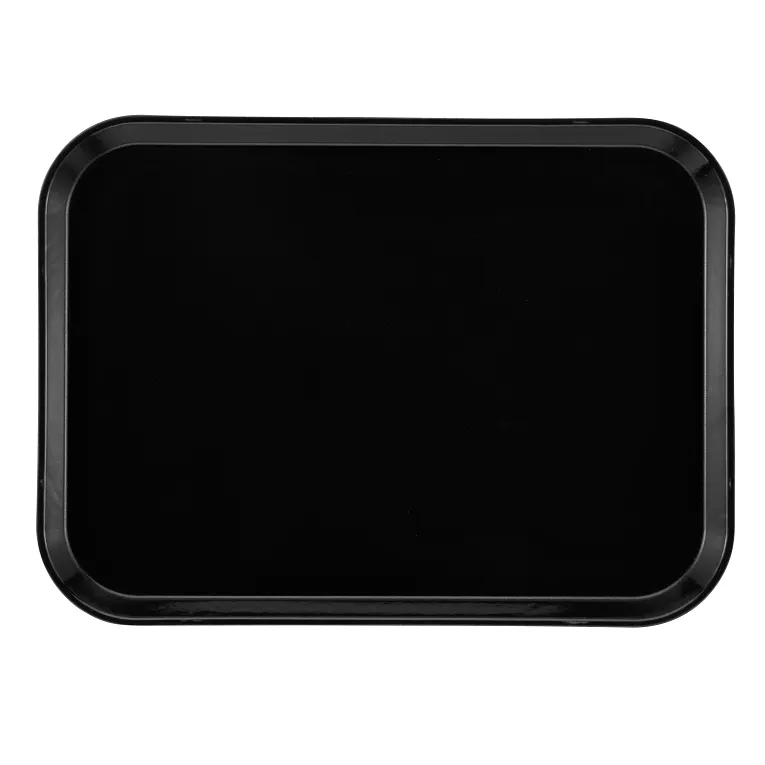 A rectangular black Camtray with rounded corners and slightly raised edges, viewed from above against a plain white background. This high-impact fiberglass tray has a glossy, smooth, and reflective surface.