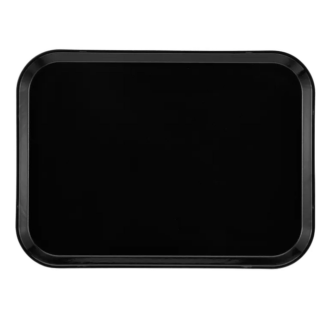 A rectangular black Camtray with rounded corners and slightly raised edges, viewed from above against a plain white background. This high-impact fiberglass tray has a glossy, smooth, and reflective surface.