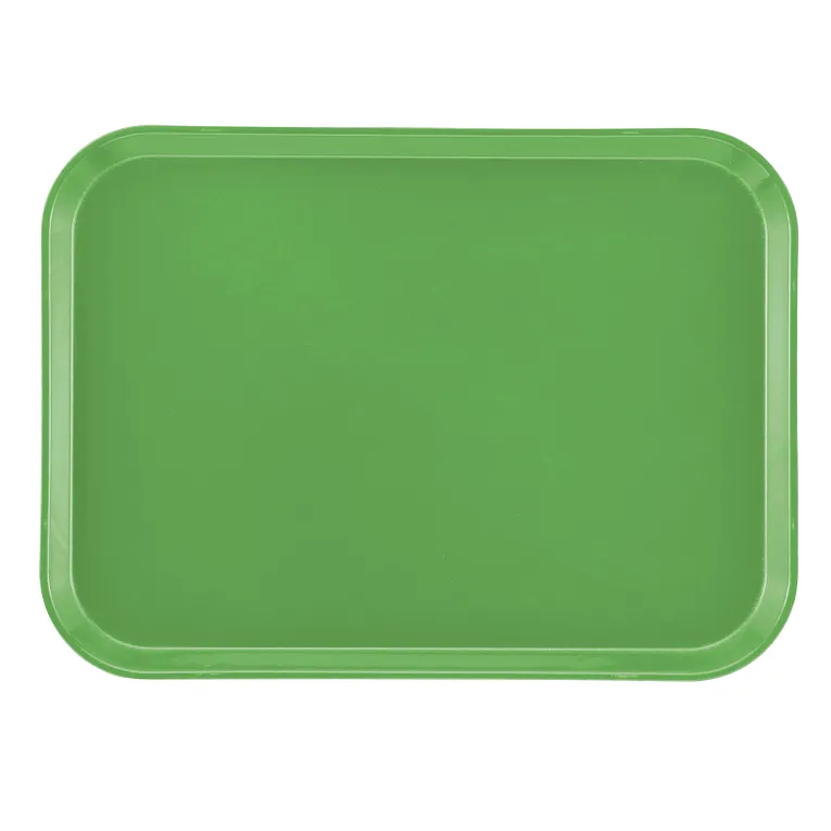 A plain, rectangular green Camtray with rounded corners and slightly raised edges, shown from above against a white background. The high-impact fiberglass tray is empty, has a smooth, glossy surface, and is dishwasher safe.