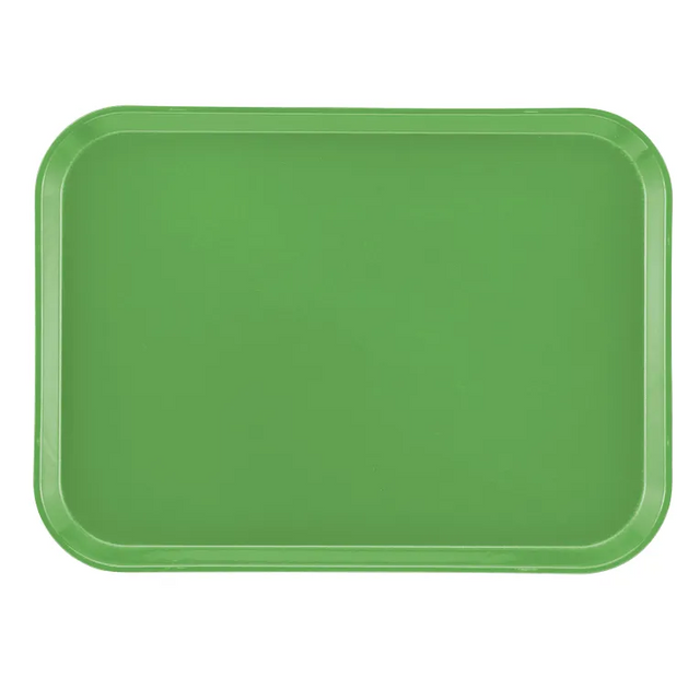 A plain, rectangular green Camtray with rounded corners and slightly raised edges, shown from above against a white background. The high-impact fiberglass tray is empty, has a smooth, glossy surface, and is dishwasher safe.