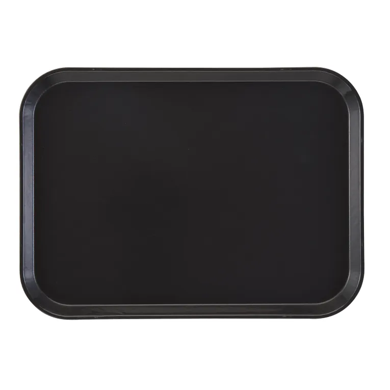 A plain black Camtray rectangular serving tray with rounded corners and a slightly raised edge, shown from a top-down view against a white background. Made from high-impact fiberglass, the smooth surface is both unadorned and dishwasher safe.