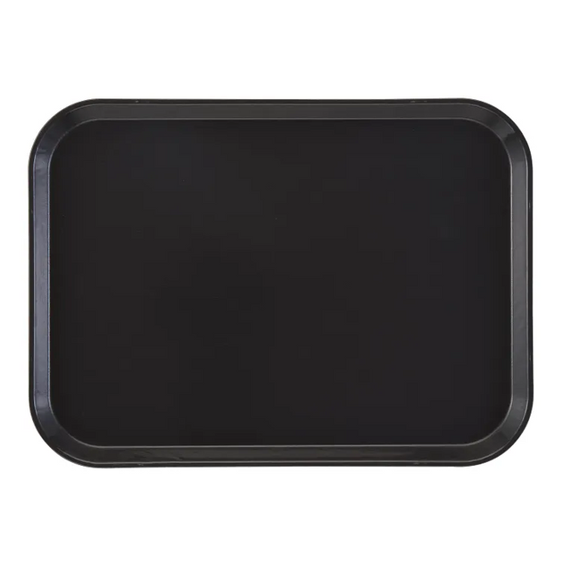 A plain black Camtray rectangular serving tray with rounded corners and a slightly raised edge, shown from a top-down view against a white background. Made from high-impact fiberglass, the smooth surface is both unadorned and dishwasher safe.