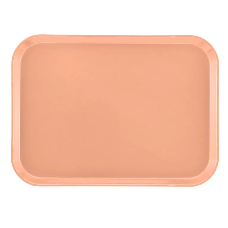 A rectangular Camtray with rounded corners is shown from above. Made of high-impact fiberglass, this light peach tray features a smooth, slightly raised rim and a plain surface. It’s also a dishwasher safe tray for easy cleaning.