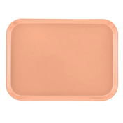 A rectangular Camtray with rounded corners is shown from above. Made of high-impact fiberglass, this light peach tray features a smooth, slightly raised rim and a plain surface. It’s also a dishwasher safe tray for easy cleaning.