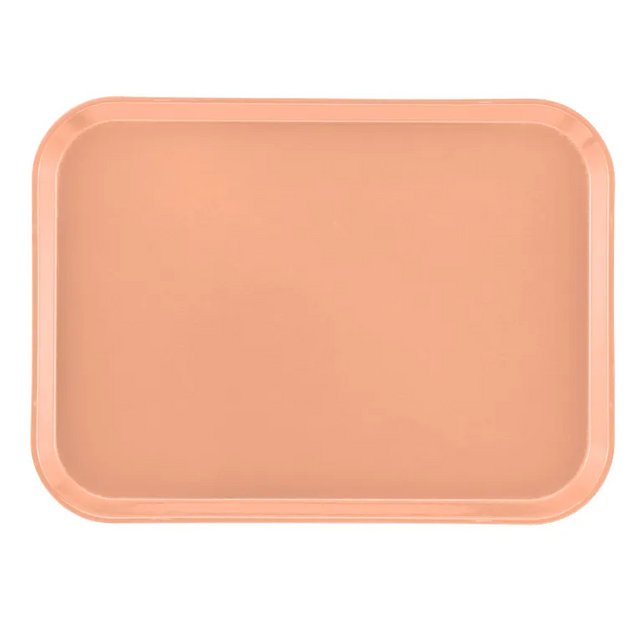 A rectangular Camtray with rounded corners is shown from above. Made of high-impact fiberglass, this light peach tray features a smooth, slightly raised rim and a plain surface. It’s also a dishwasher safe tray for easy cleaning.