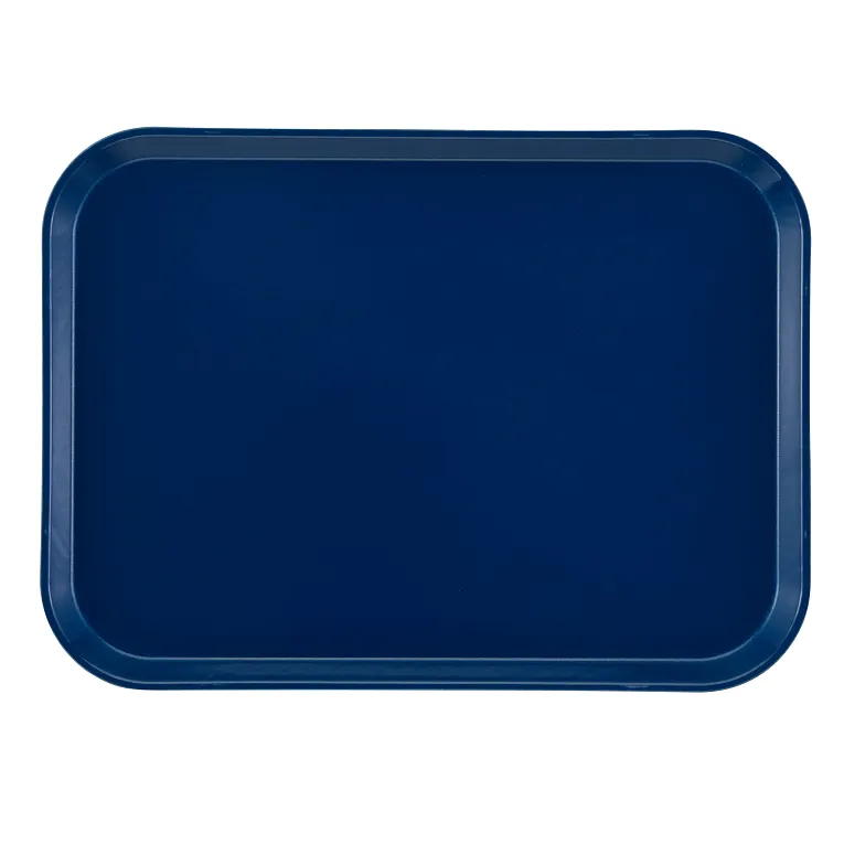 A rectangular dark blue Camtray made of high-impact fiberglass with slightly raised, rounded edges and a smooth surface, viewed from above against a light background. Durable and dishwasher safe.