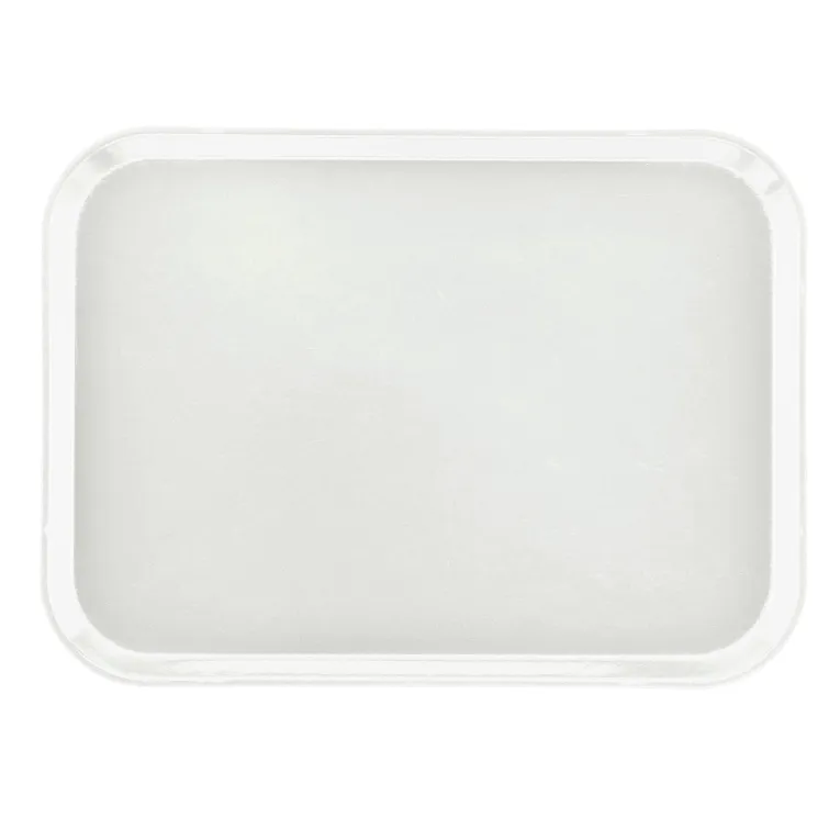 A plain, rectangular white Camtray with rounded corners and slightly raised edges, photographed from above on a light background. This NSF listed high-impact fiberglass tray is empty and features a smooth, glossy surface.