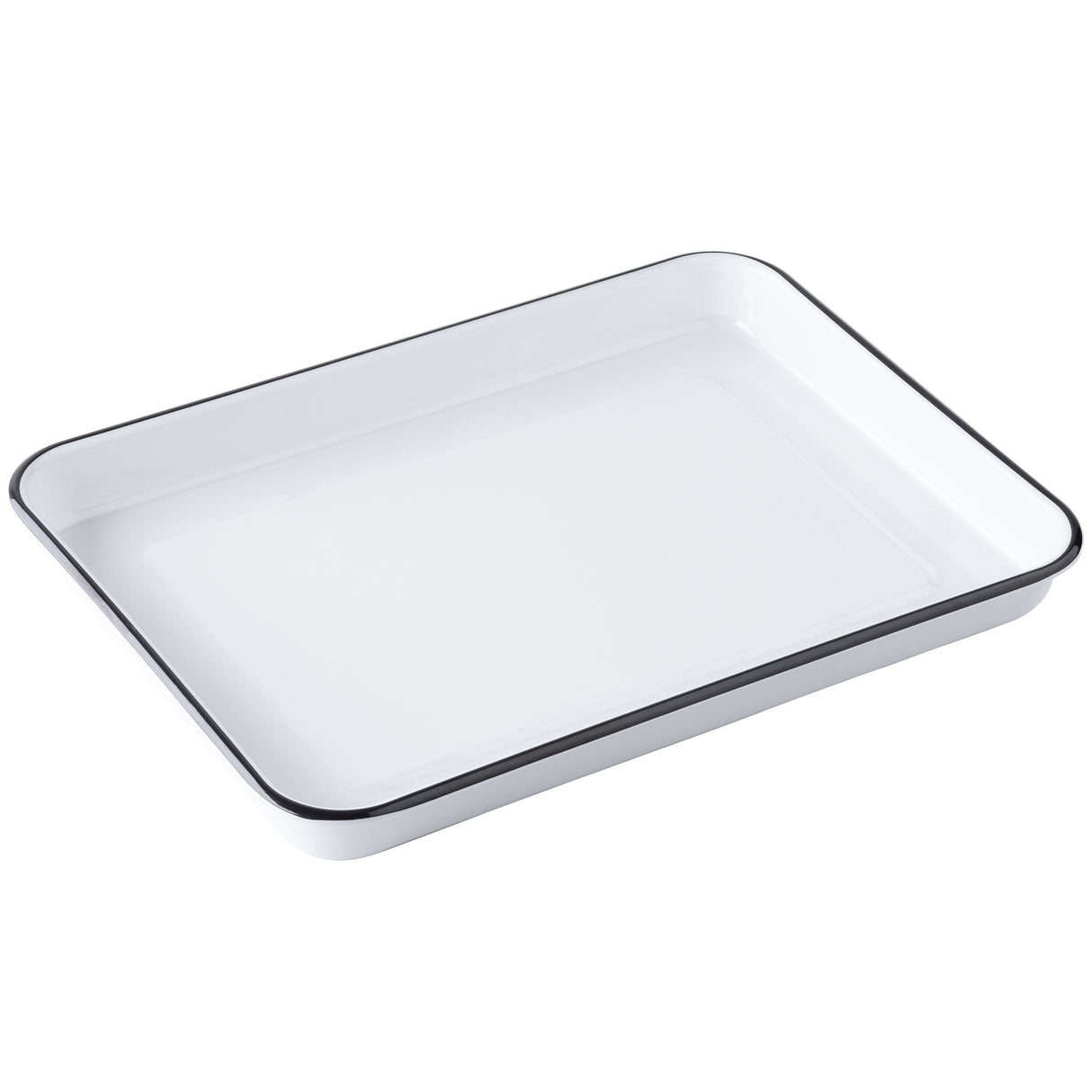 A white rectangular enamel serving tray with slightly rounded corners and a thin black rim, photographed on a plain white background. Part of the Canteen Collection, it has shallow sides and a glossy finish, ideal for baking or roasting.