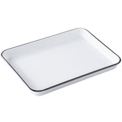 A white rectangular enamel serving tray with slightly rounded corners and a thin black rim, photographed on a plain white background. Part of the Canteen Collection, it has shallow sides and a glossy finish, ideal for baking or roasting.