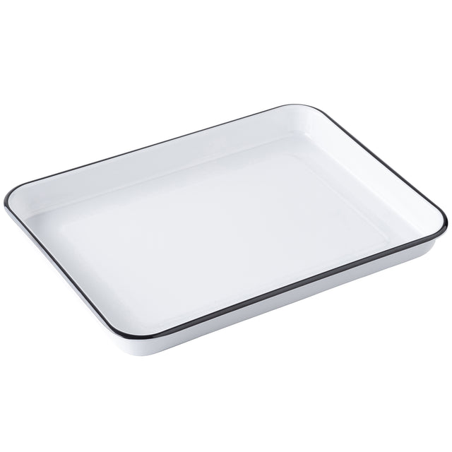 A white rectangular enamel serving tray with slightly rounded corners and a thin black rim, photographed on a plain white background. Part of the Canteen Collection, it has shallow sides and a glossy finish, ideal for baking or roasting.