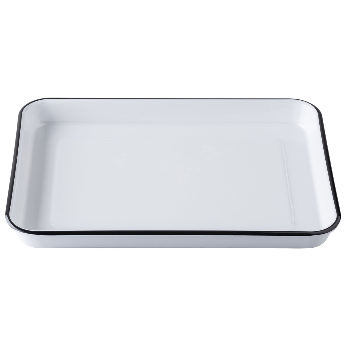 A rectangular, shallow white melamine serving tray with rounded edges and a thin black rim, photographed from above on a plain white background. Part of the Canteen Collection, it has smooth sides and a flat base for serving or baking.