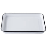 A rectangular, shallow white melamine serving tray with rounded edges and a thin black rim, photographed from above on a plain white background. Part of the Canteen Collection, it has smooth sides and a flat base for serving or baking.