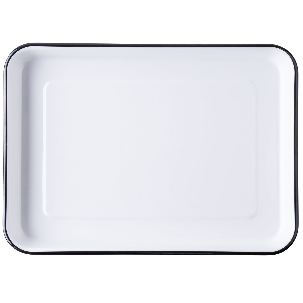 A rectangular white enamel serving tray with rounded corners and a thin black rim, photographed from above against a white background. Part of the Canteen Collection, this tray features a smooth, glossy surface and minimalist design.