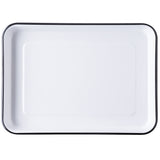 A rectangular white enamel serving tray with rounded corners and a thin black rim, photographed from above against a white background. Part of the Canteen Collection, this tray features a smooth, glossy surface and minimalist design.