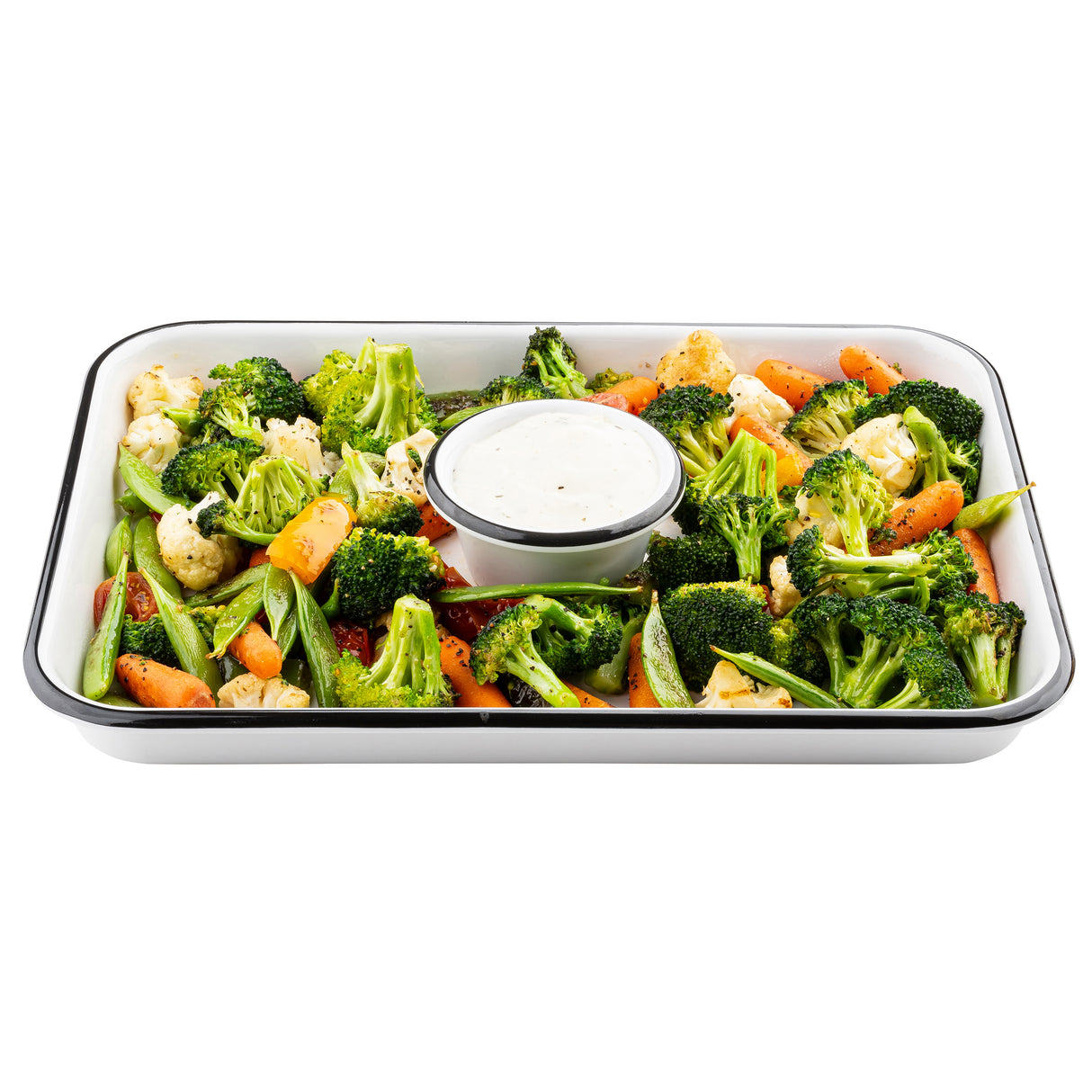 A white melamine serving tray from the Canteen Collection holds fresh broccoli, cauliflower, carrots, and snap peas around a small bowl of creamy ranch dip, all set against a crisp white background.