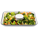 A white melamine serving tray from the Canteen Collection holds fresh broccoli, cauliflower, carrots, and snap peas around a small bowl of creamy ranch dip, all set against a crisp white background.
