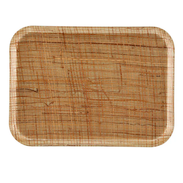 A rectangular Camtray with rounded corners, crafted from high-impact fiberglass. Light brown with crosshatched lines and natural wood grain patterns, it offers an organic, textured look—and is dishwasher safe for easy cleaning.
