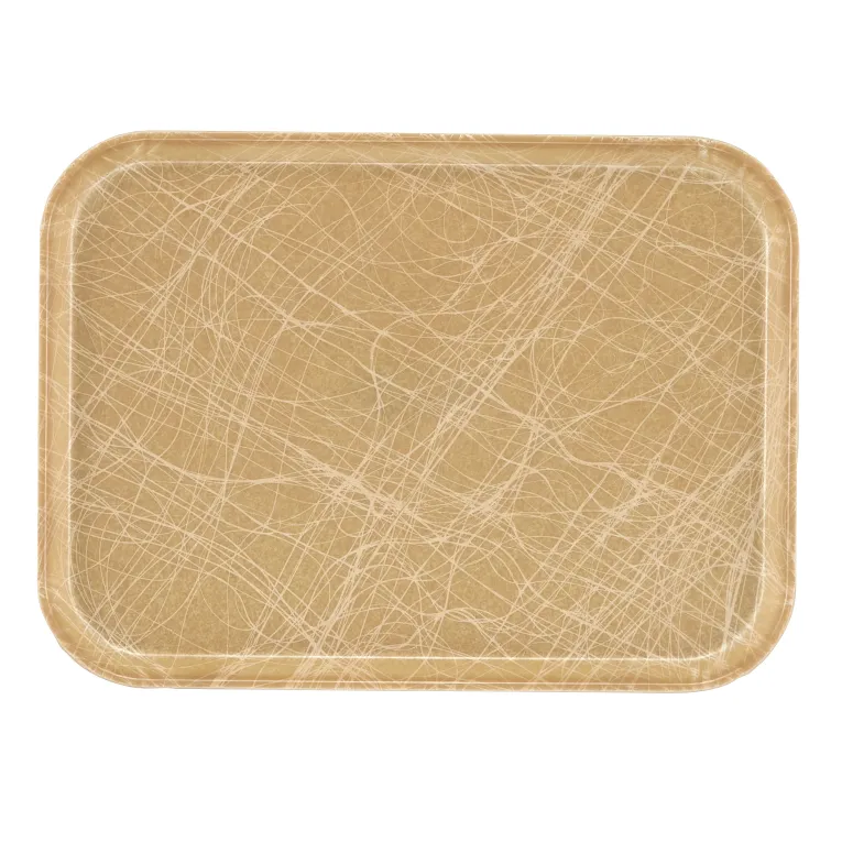 A rectangular, tan high-impact fiberglass Camtray with rounded corners features a glossy finish and a pattern of swirling white lines. The edges are slightly raised to prevent items from sliding off, and the tray is dishwasher safe for easy cleaning.