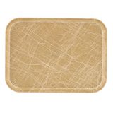 A rectangular, tan high-impact fiberglass Camtray with rounded corners features a glossy finish and a pattern of swirling white lines. The edges are slightly raised to prevent items from sliding off, and the tray is dishwasher safe for easy cleaning.