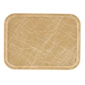 A rectangular, tan high-impact fiberglass Camtray with rounded corners features a glossy finish and a pattern of swirling white lines. The edges are slightly raised to prevent items from sliding off, and the tray is dishwasher safe for easy cleaning.