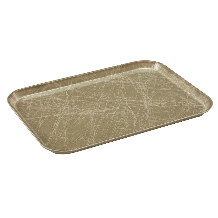 A rectangular, tan-colored Camtray cafeteria tray with rounded corners and a slightly raised edge. Crafted from high-impact fiberglass, it is dishwasher safe and features a pattern of light, intersecting scratch-like lines.