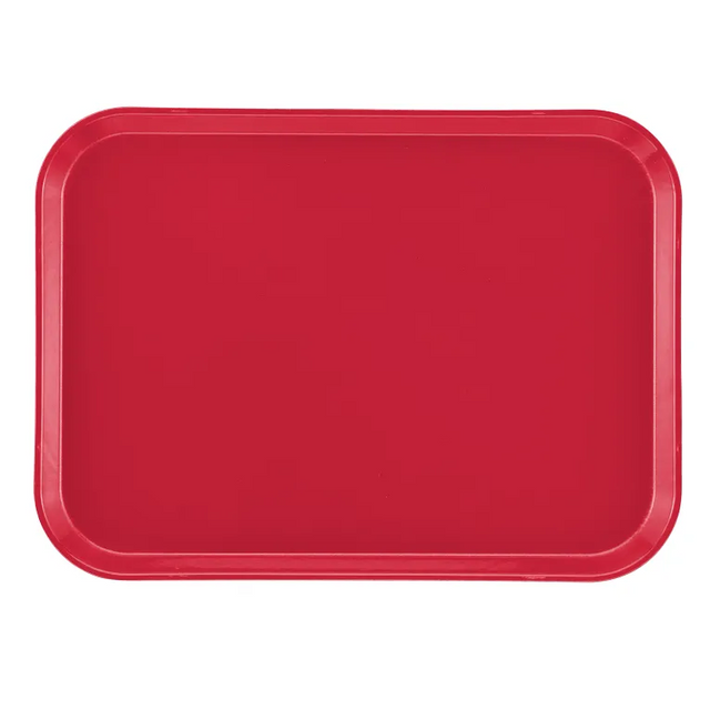 A plain, rectangular red Camtray serving tray with rounded corners and slightly raised edges. Made from high-impact fiberglass, this dishwasher safe tray is photographed from above against a white background and has no patterns or designs.