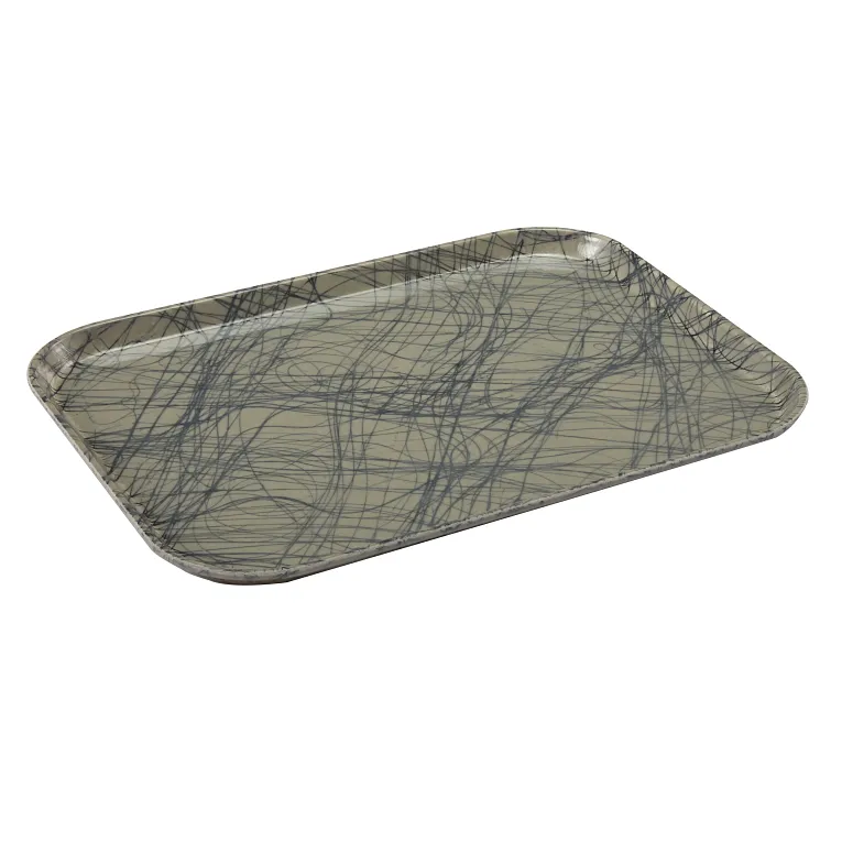 A rectangular Camtray serving tray with rounded corners, featuring a light gray background and an abstract pattern of thin, intersecting dark gray lines. This high-impact fiberglass tray has slightly raised edges to help contain items placed on it.