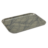 A rectangular Camtray serving tray with rounded corners, featuring a light gray background and an abstract pattern of thin, intersecting dark gray lines. This high-impact fiberglass tray has slightly raised edges to help contain items placed on it.