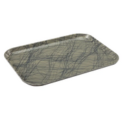 A rectangular Camtray serving tray with rounded corners, featuring a light gray background and an abstract pattern of thin, intersecting dark gray lines. This high-impact fiberglass tray has slightly raised edges to help contain items placed on it.